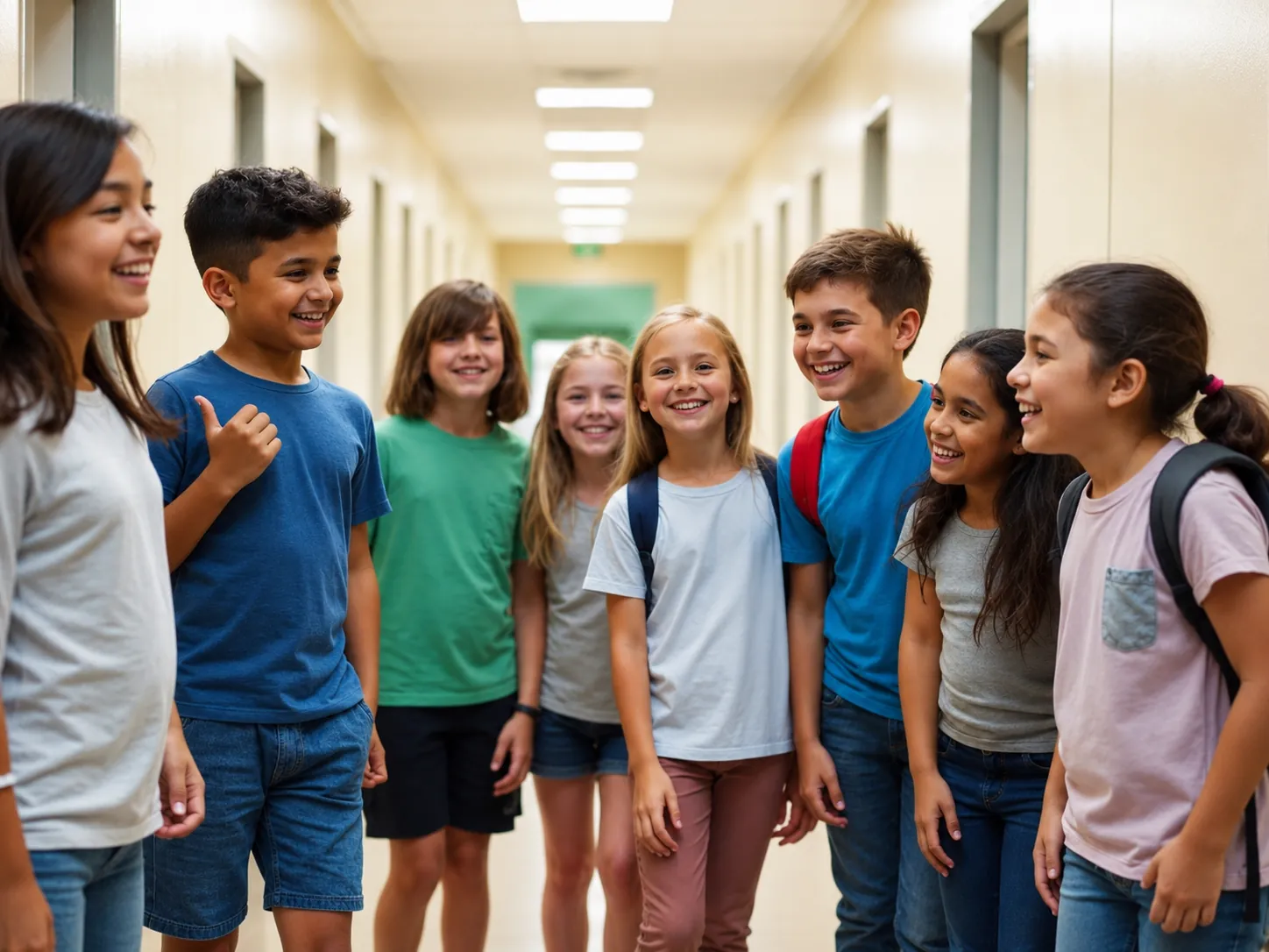 Group of 11 year olds having fun in a school hallway